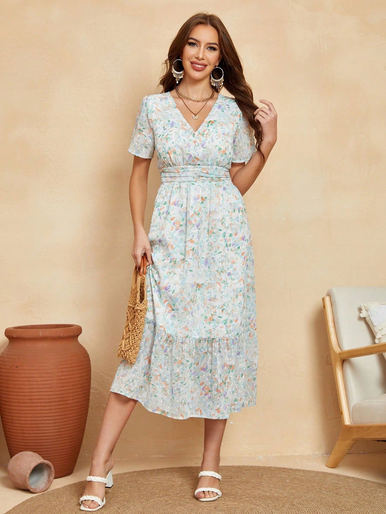 Sukienka Letnia Boho Wzorzysta Rozklsozowana Plumeti Midi Anany L 40