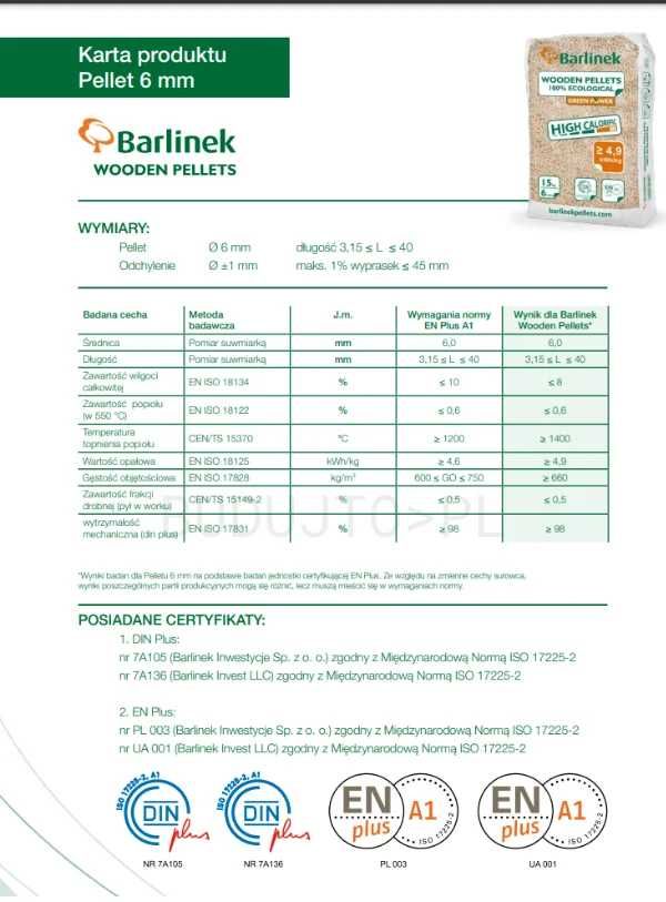 Pelet / Pellet - Barlinek -ENplus A1 6mm - Dostawa pod dom
