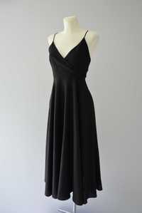 Zara długa czarna lniana kopertowa sukienka wycięte plecy len 36 S