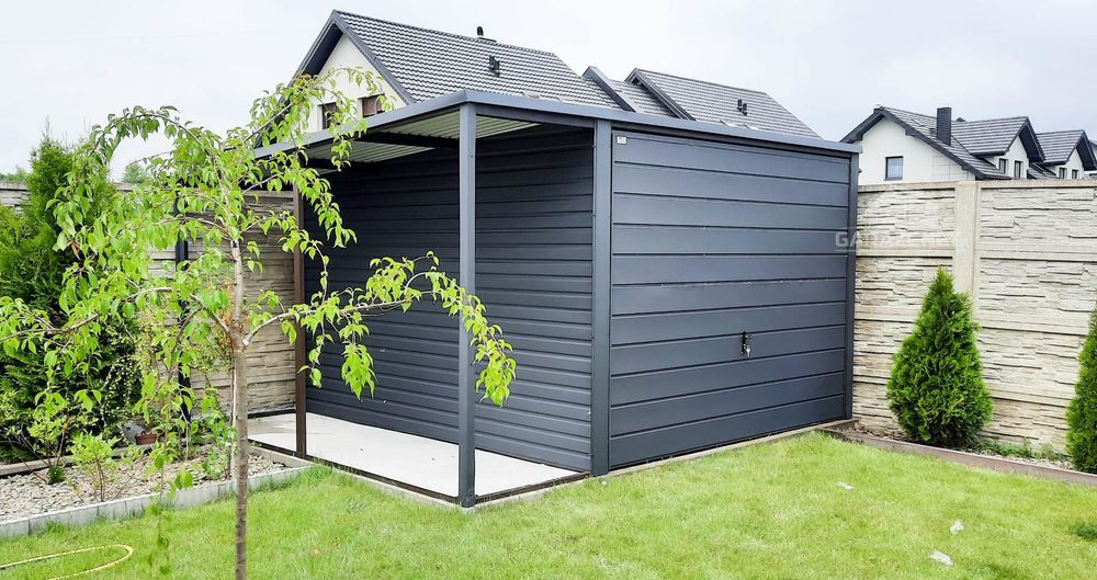 GARAŻ BLASZANY 3m x 5m + Wiata 1m. Brama Uchylna Antracyt 3x5 GB266