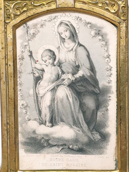 Maravilhosa antiga imagem N.S. do Rosário francêsa  em moldura dourada