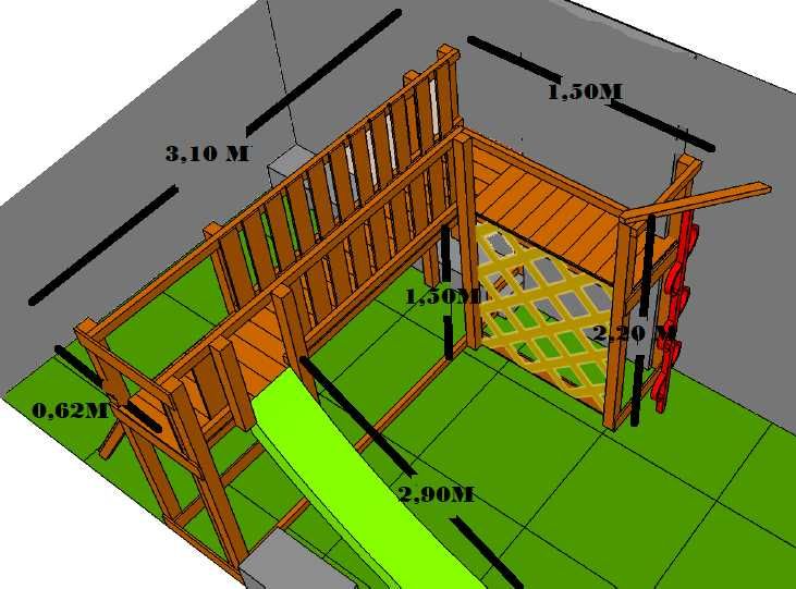 Parque infantil em madeira, com escorrega