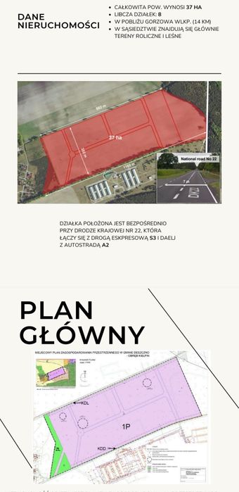 Grunt inwestycyjny  37ha / plan zagospodarowania/ decyzja Śro/Pozwolen