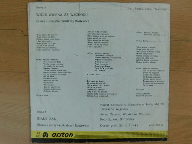 Andrzej Rosiewicz - Wieje wiosna ze wschodu - Single vinyl