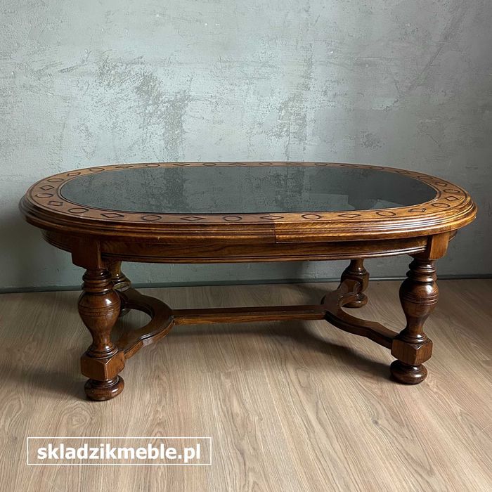 281025 Owalna ława dębowa ze szklanym blatem