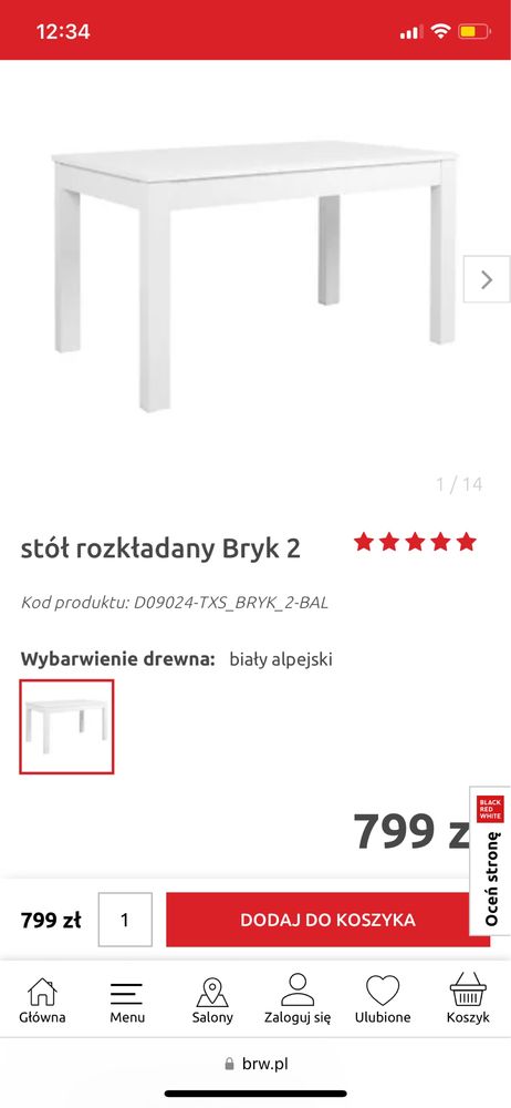 Biały Stół Brw Black red white Bryk 80cm 140 cm 180 cm rozkładany