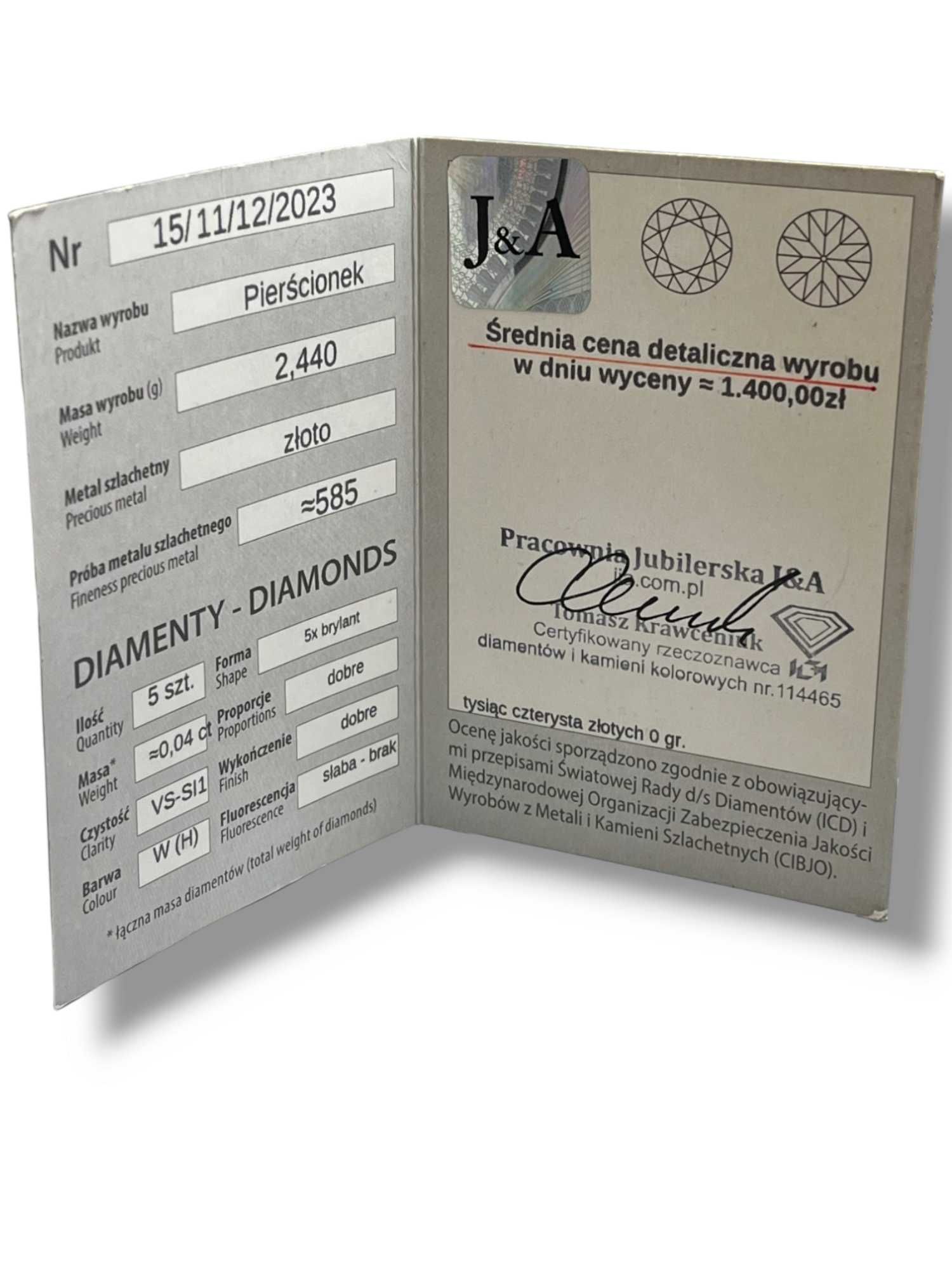 Złoty pierścionek z Brylantami 585 0,04 CT