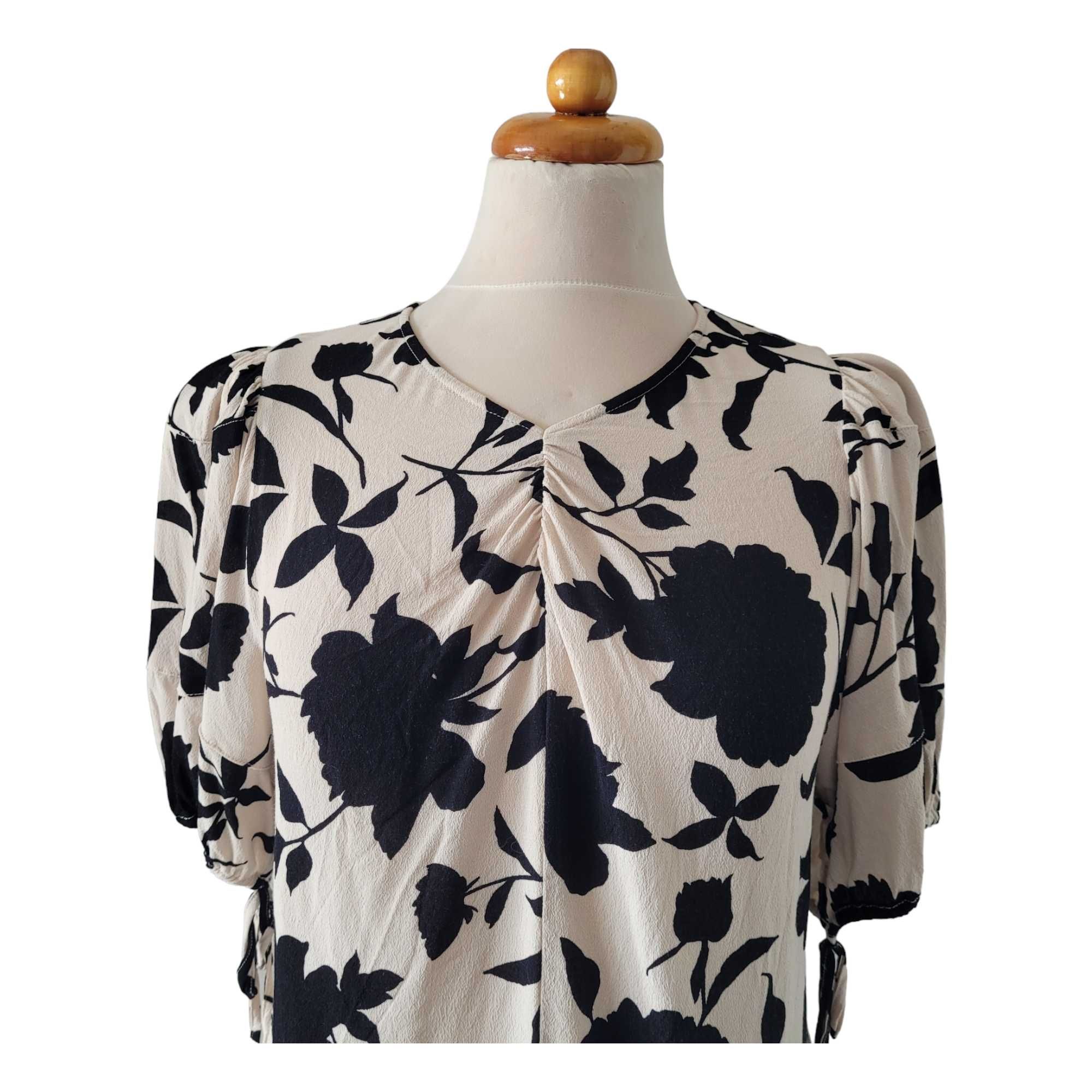 Beżowa czarna bluzka damska kwiaty M H&M marszczenia ażurowa wstawka