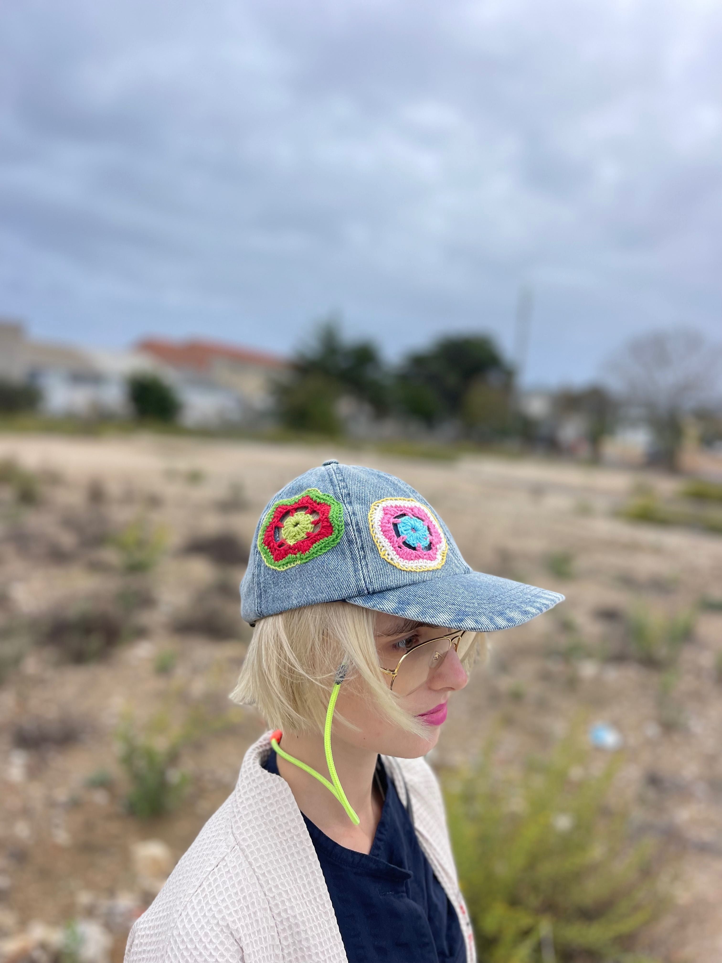 Customized denim cap with knitted flower patches don.bacon