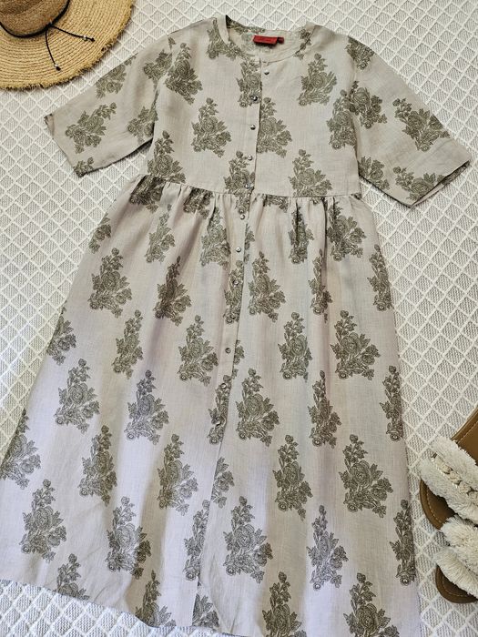 100% лён! Бомбезное бежевое льняное платье р. 14-16 / XL- Xxl
