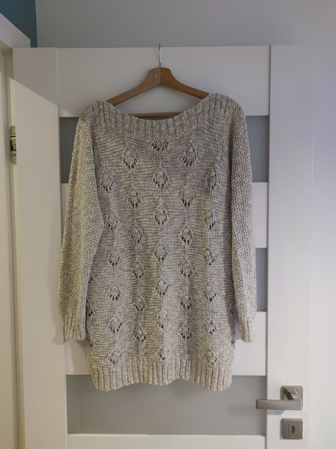 Sweter ażurowy szydełkowy George 20 Boho vintage melanż beżowy szary