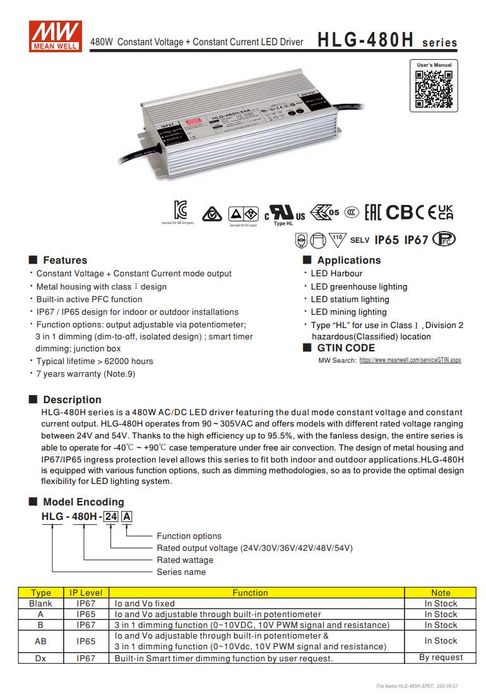 HLG-480H-42 zasilacz LED 480W 42V 11.4A Mean Well