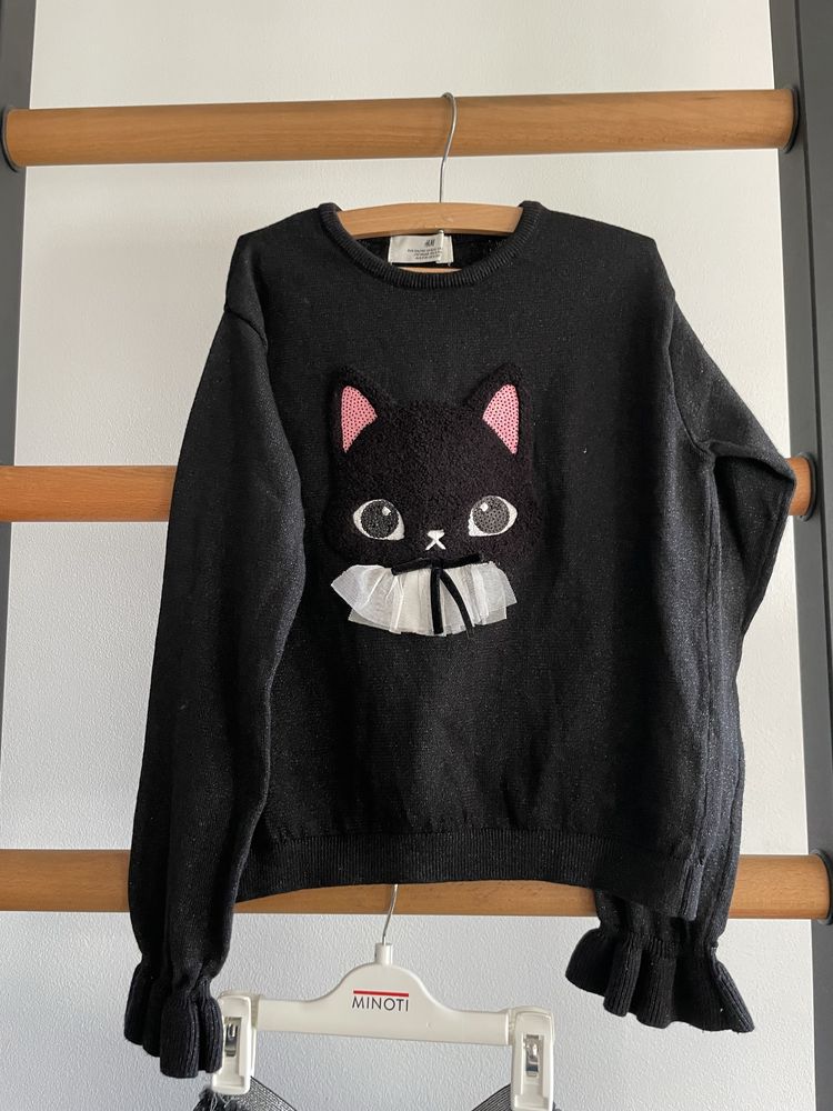 Piękny zestaw sweterek z kotkiem + spódnica H&M r. 134/140
