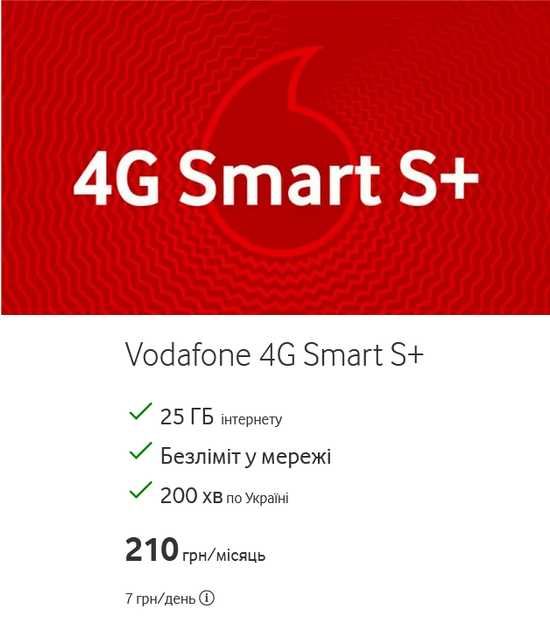 Тариф Vodafone 4G Smart S+ 210₴/міс 25 Гб 200 хв безлім/ Vodafone