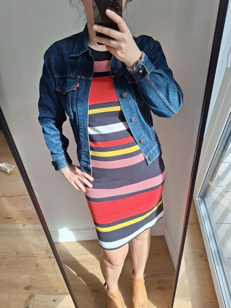 Sukienka tuba midi kolorowa casual basic na wiosnę w paski wyszczuplaj