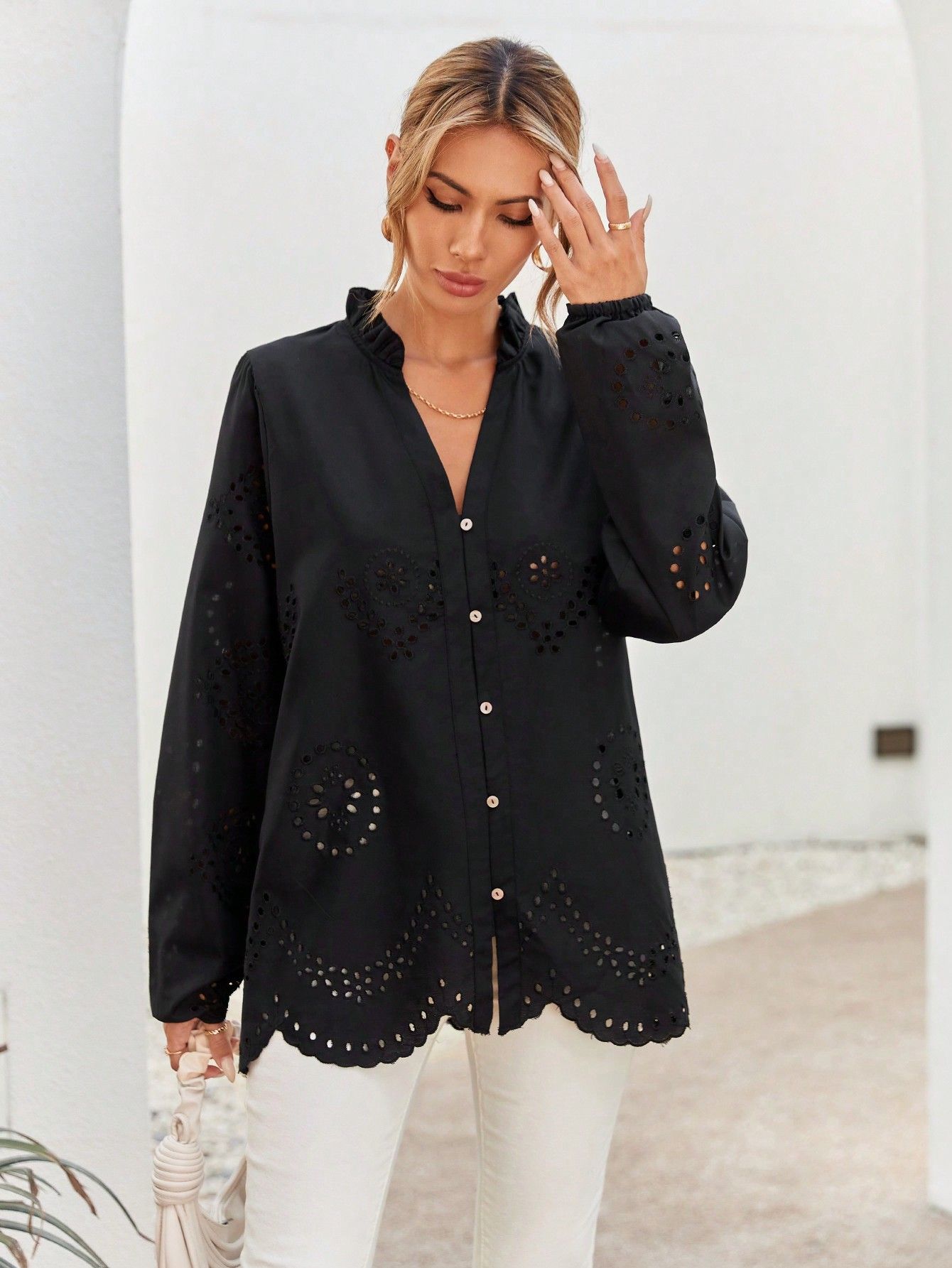 Koszula Ażurowa Z Bufiastymi Rękawami Czarna Casual Shein Xs 34