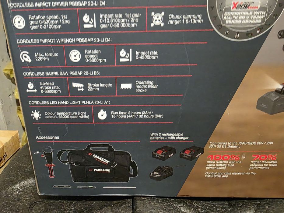 PARKSIDE PERFORMANCE 20V zestaw narzędzi 7w1 Brushless 2x4Ah + ładowar
