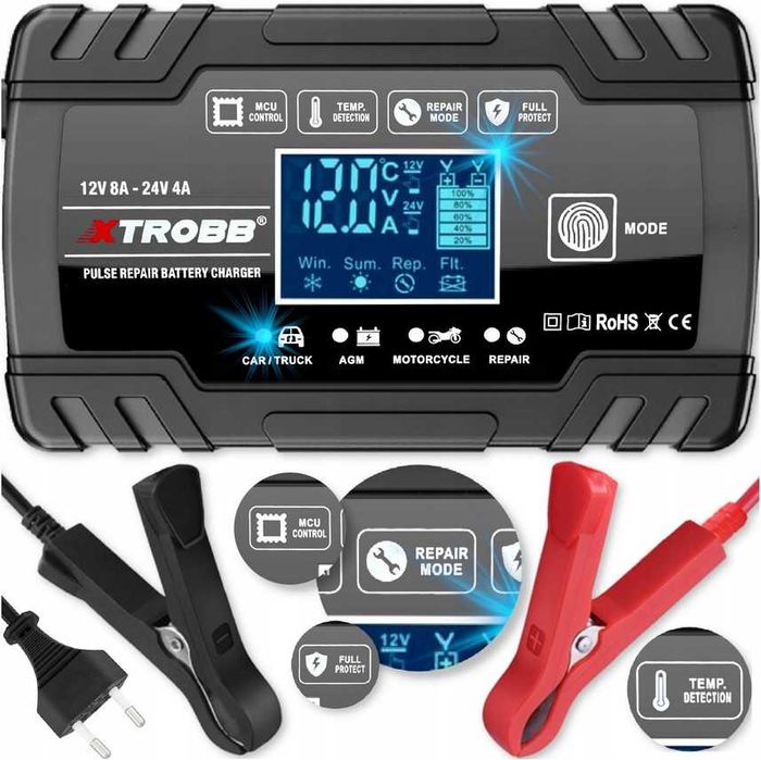 Prostownik AUTOMATYCZNY Z Funkcją NAPRAWY LCD Temperatura 12V 24V 8A