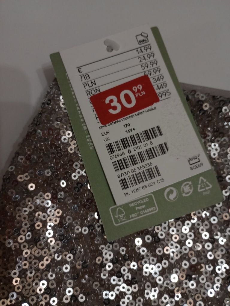 Nowa z metką spódnica H&M imprezowa sylwestrowa srebrne cekiny r.170