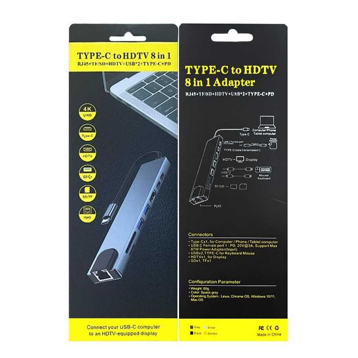 HUB Adapter USB-C 8w1 – Aluminium HDMI , RJ45, USB-C, Stacja dokująca