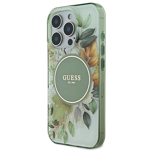 Etui Guess IML Flower & Tonal Circle MagSafe na iPhone 16 Pro - zielon