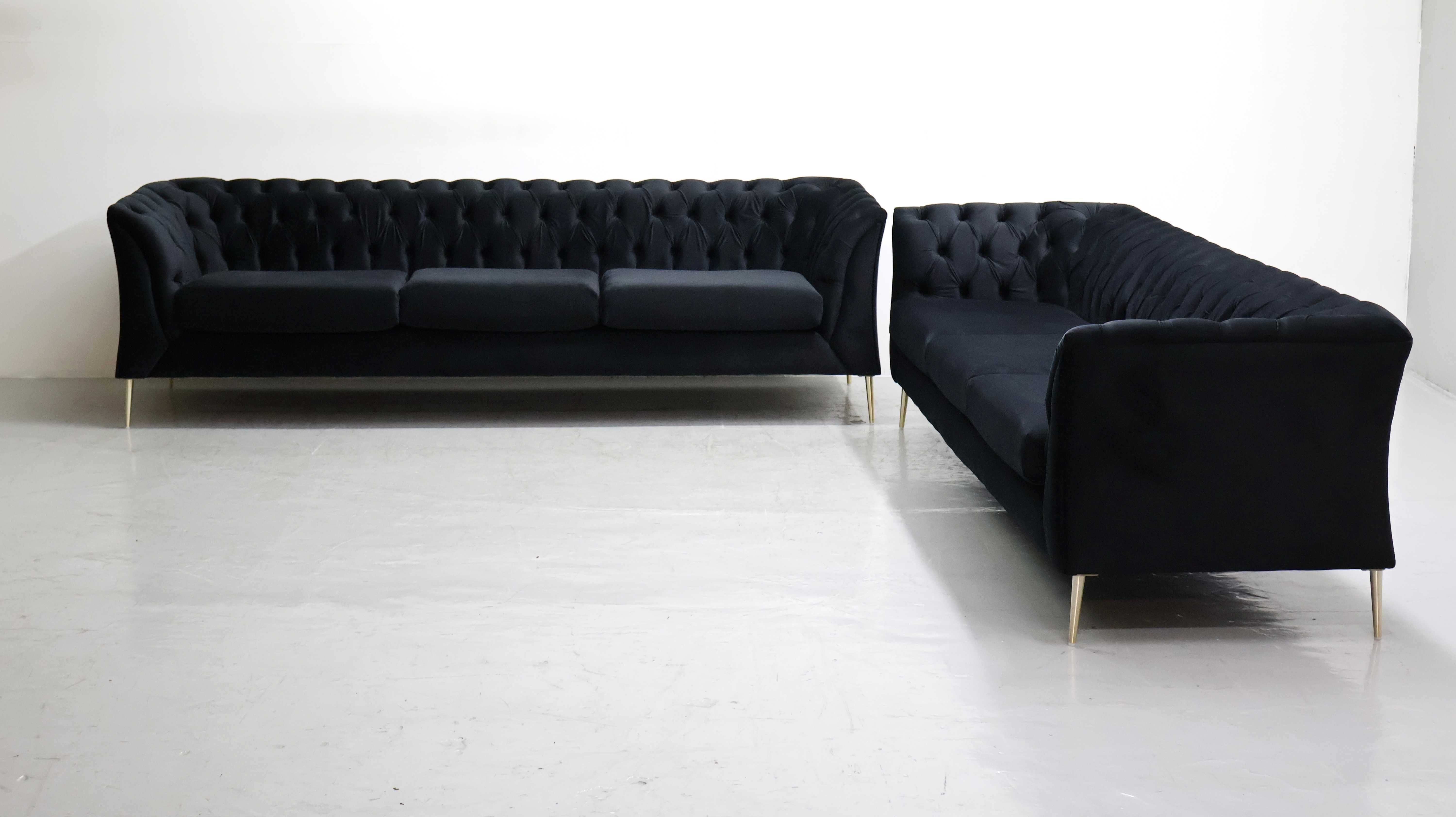 STY DESIGN WIELKA SOFA 3+3 kanapa czarny welur złote nogi zestaw kompl