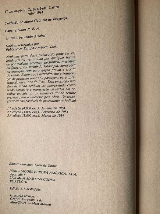 Carta a Fidel Castro - Ano: 1984