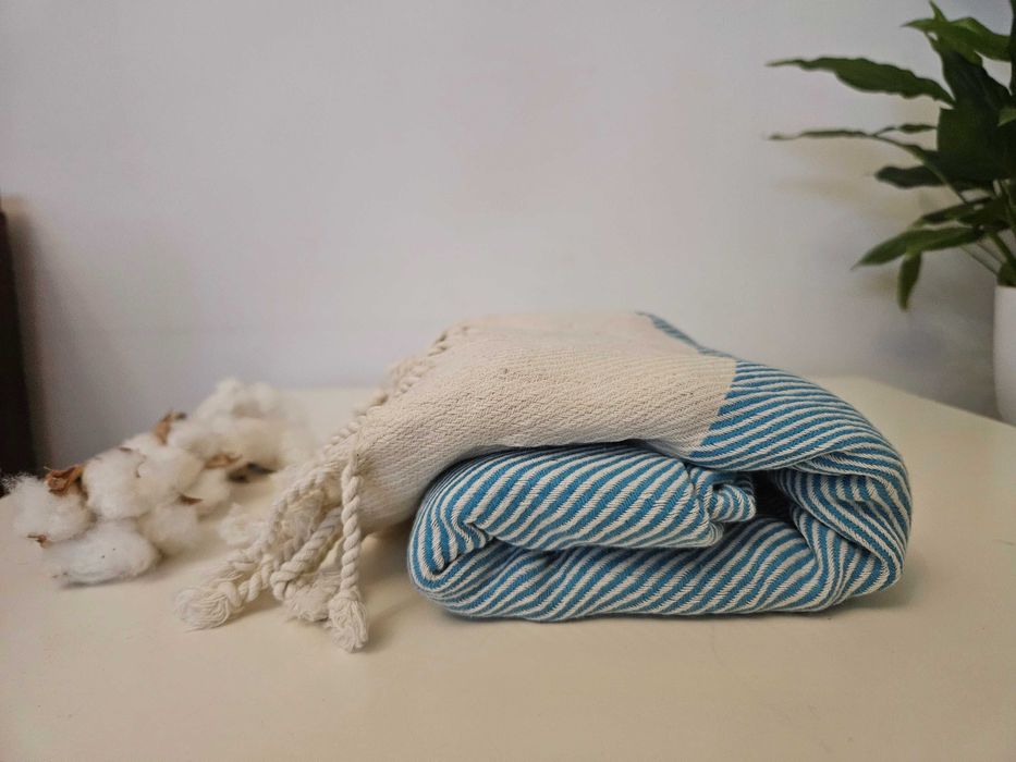 Wielofunkcyjny Bawełniany ręcznik Pestemal 100x180 niebiesko kremowy