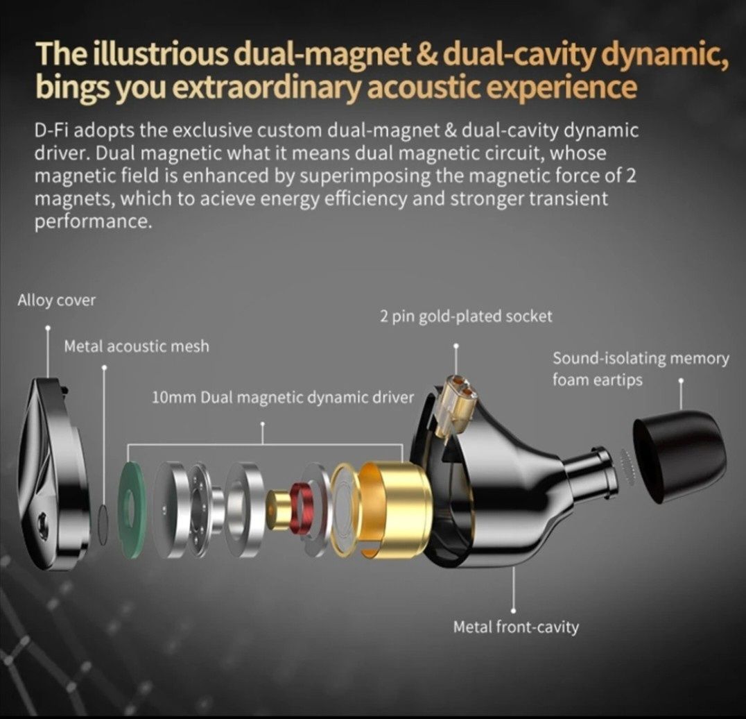 Динамические двухмагнитные вакуумные наушники KZ D-fi standard