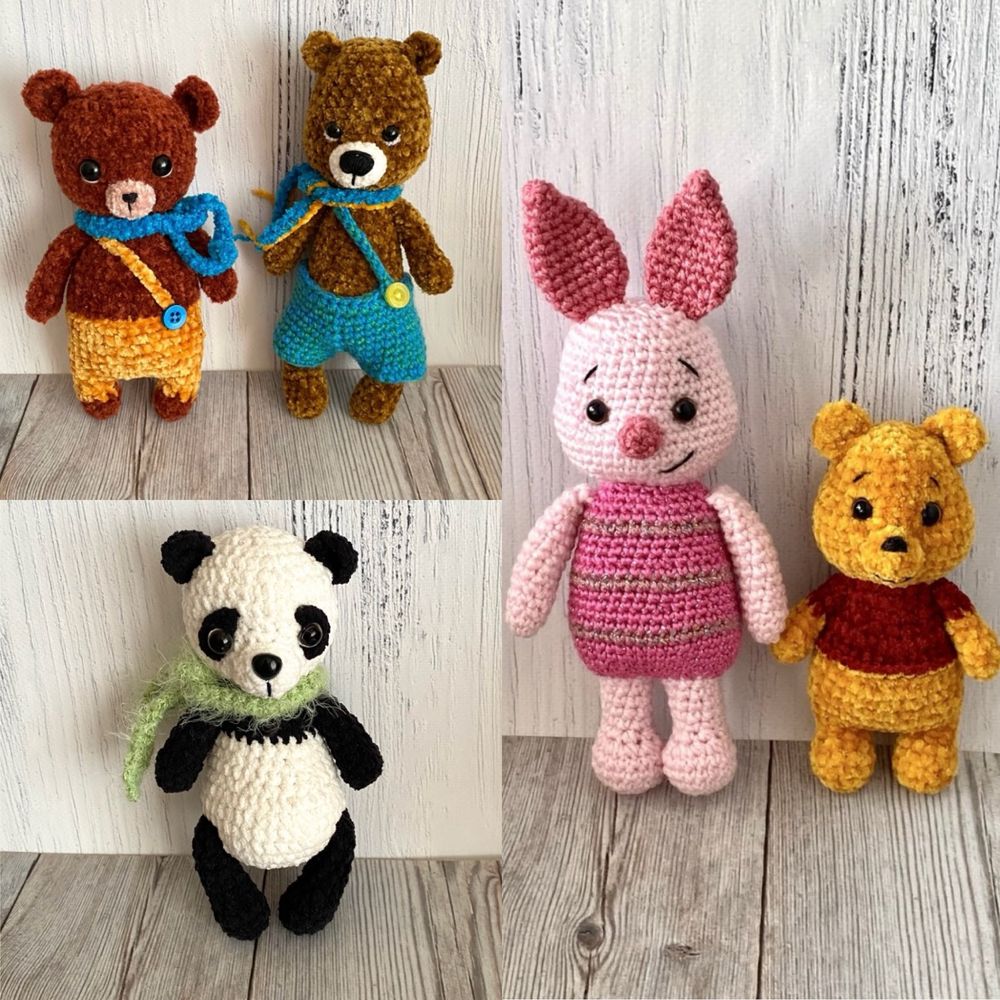 Вязаные игрушки. Винни пух, пятачок, панда, мишка