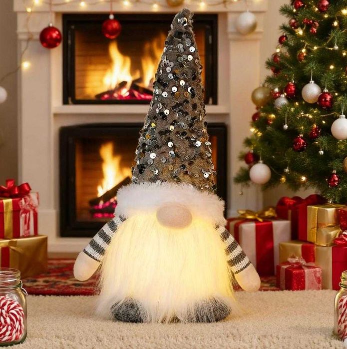 Świąteczny Skrzat Krasnal Pluszowy Świecący SREBRNY