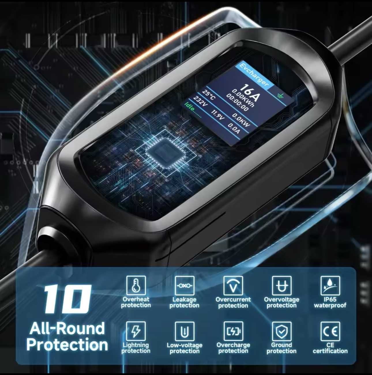 Carregador Portátil 7 kw - 32A - C/ APP - c/ Bolsa e Suporte Cabo
