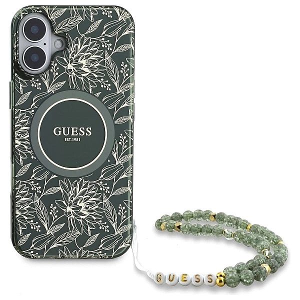 Etui Guess IML Flowers Allover Electro With Pearl Strap MagSafe na iPh