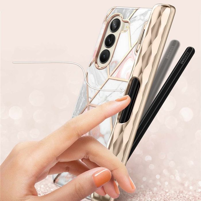 Etui Supcase Cosmo Pen Galaxy Z Fold 5 - Marmurowa Różowa