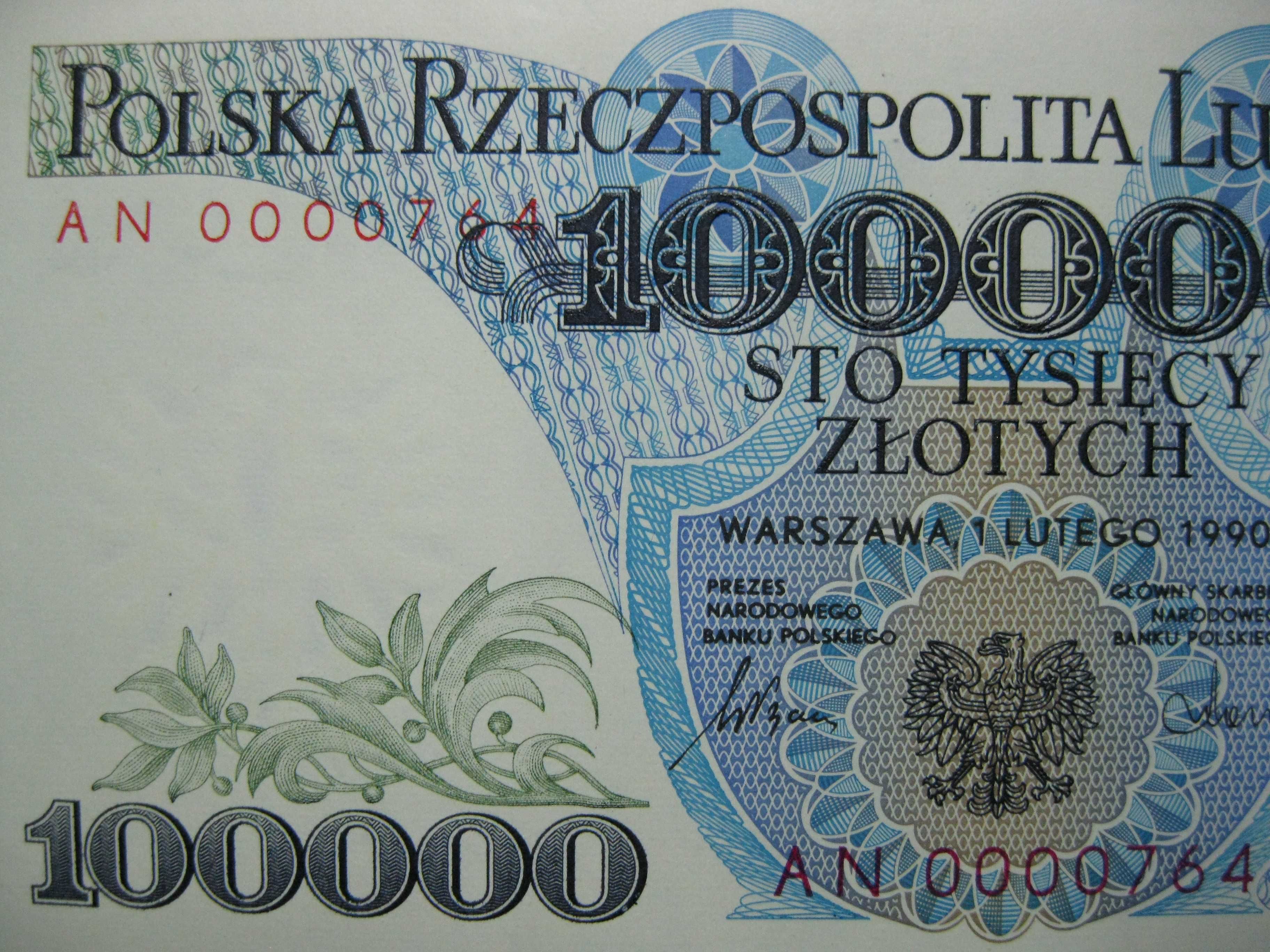 Banknot PRL 100000 złotych 1990 rok seria AN UNC niski numer 0000