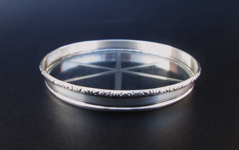 Antiga Base para Garrafa em PRATA STERLING 925 c/ fundo em Vidro - USA