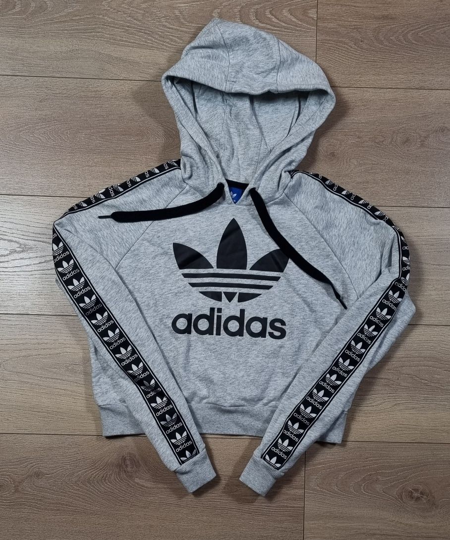 Bluza damska Adidas, z kapturem, hoodie, logo, lampasy, szara