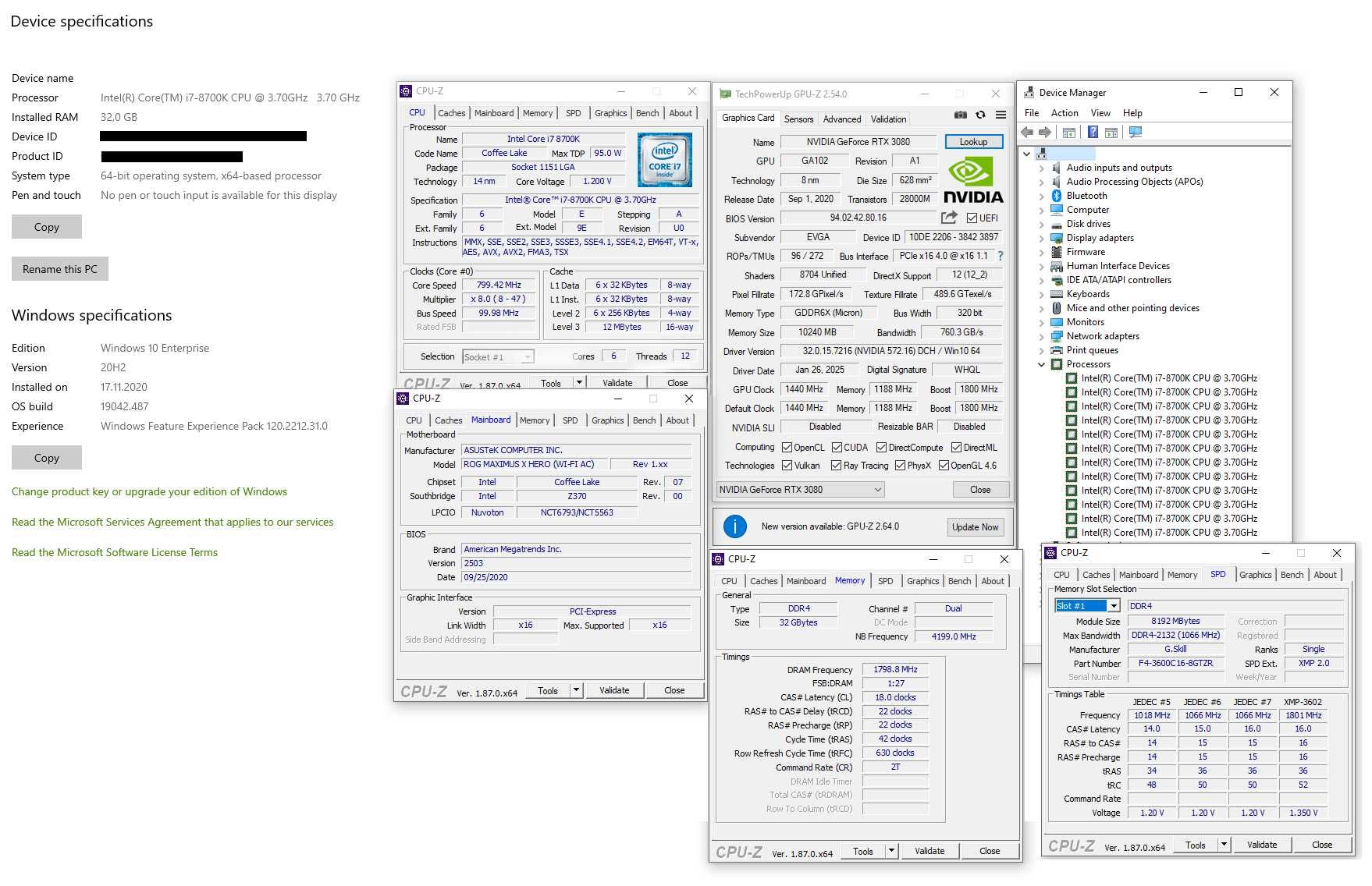 i7 8700k + ROG MAXIMUS X WIFI + 32GB DDR4 3600MHz