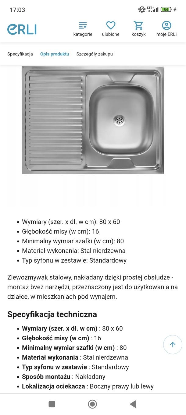 Zlewozmywak jednokomorowy z ociekaczem
