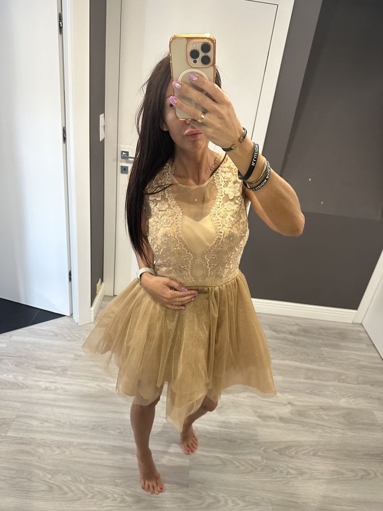 Piękna sukienka złota tiulowa koronka lou just unique sylwester