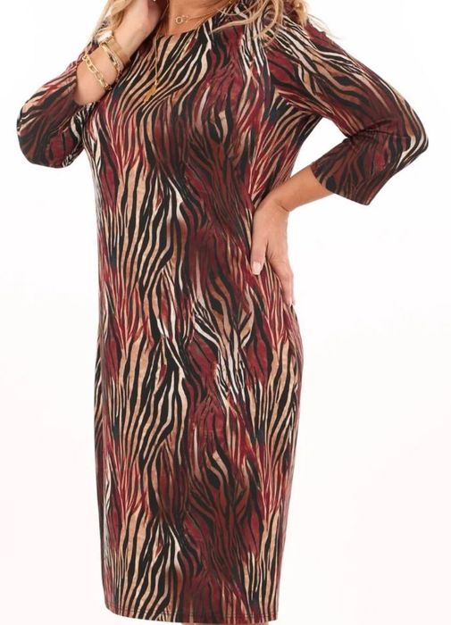 Elegancka sukienka do pracy rozm 50 bordowo beżowa