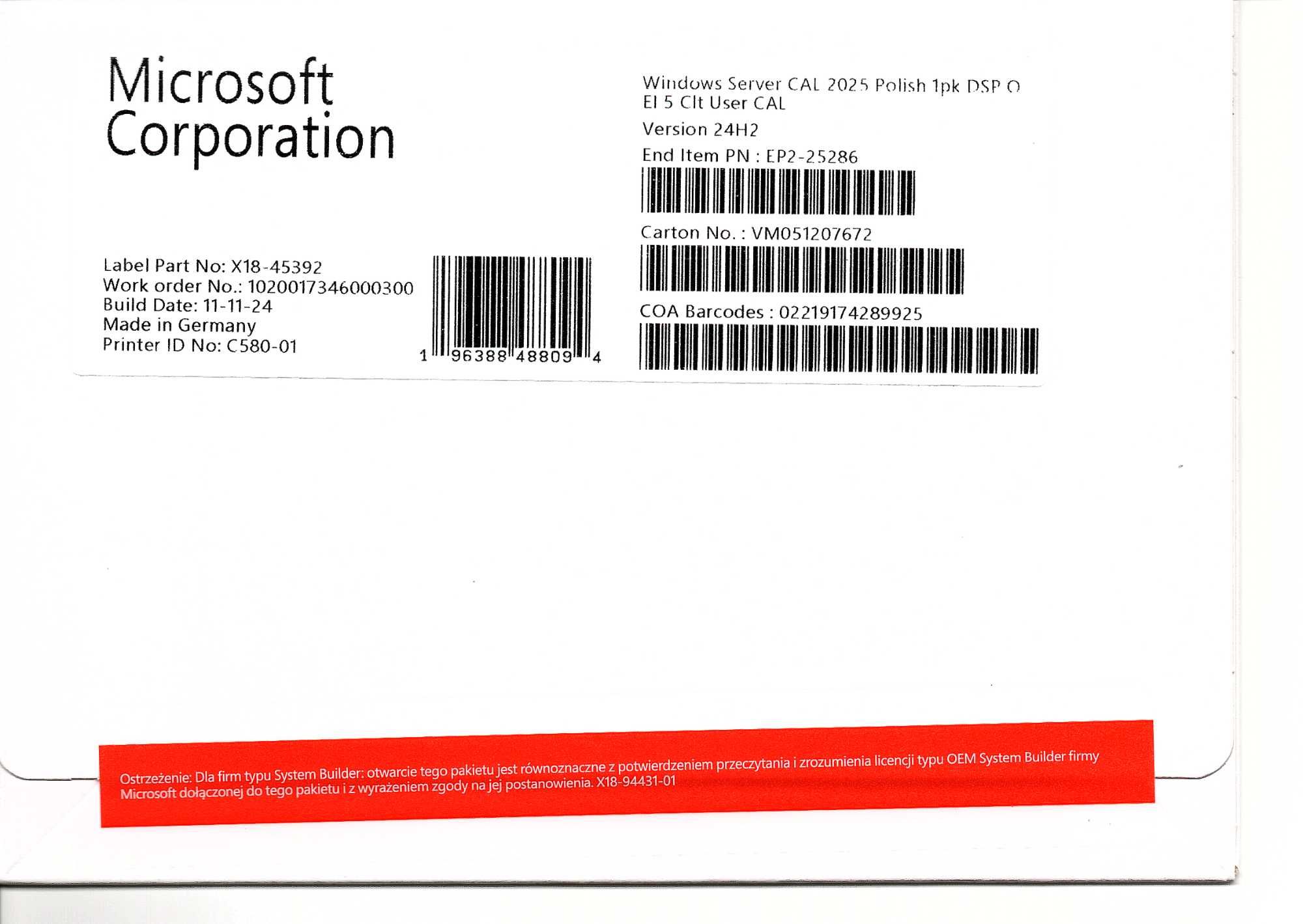 MS OEM Windows Server CAL 2025 1pk DSP OEI 5 Clt User CAL (PL)