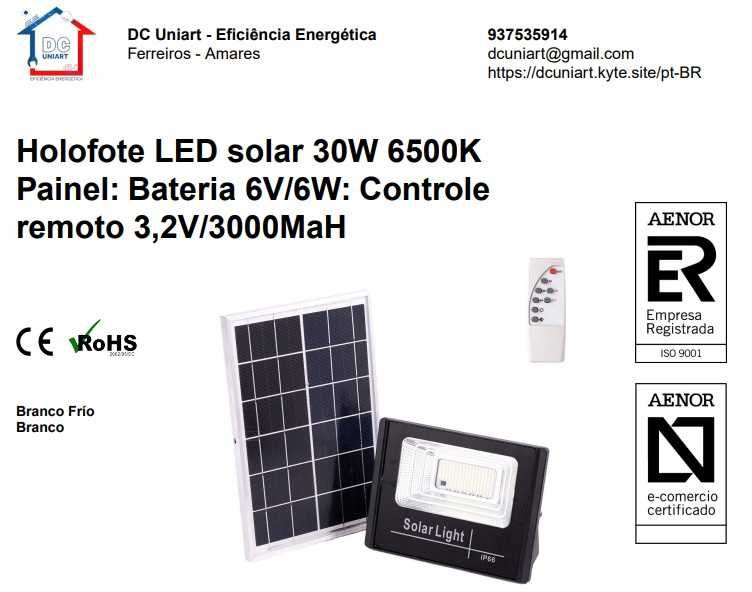 Holofote LED solar 30W 6500K Painel: Bateria 6V/6W