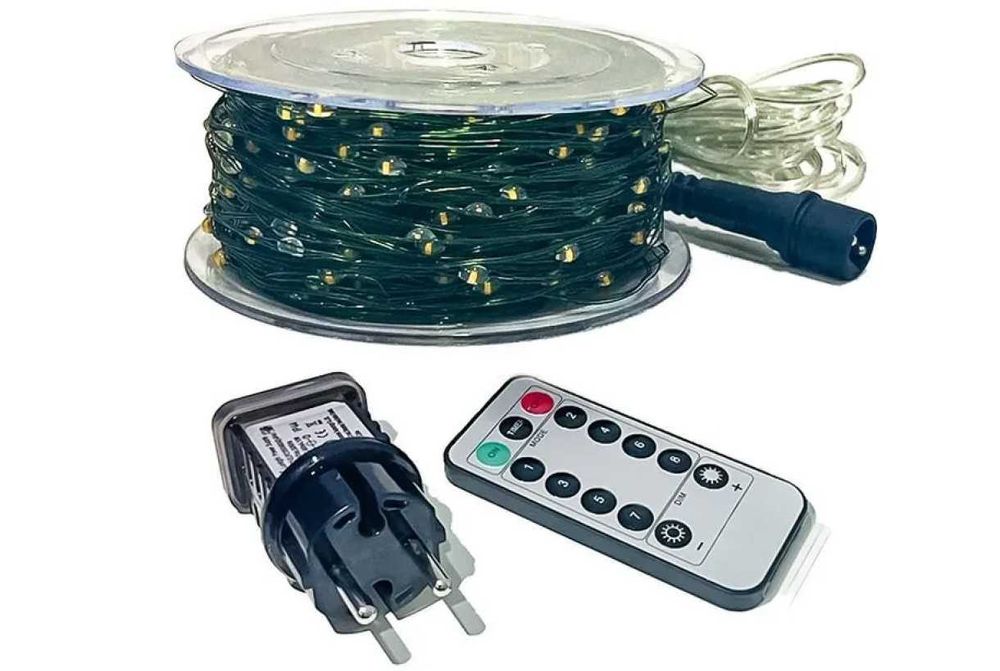 Гірлянда роса нитка 100м, 1000 led зелений провід, пульт, 220В
