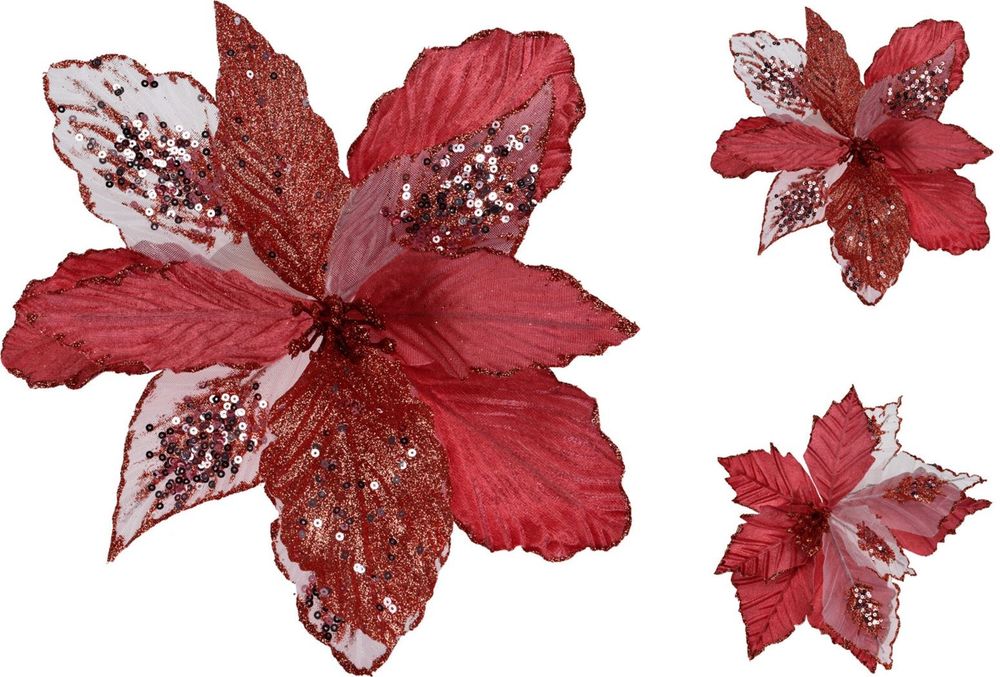 Ozdobny Kwiat z Brokatem na Klipsie - Czerwony, 28 cm