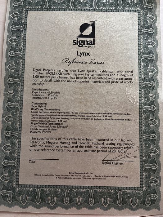 Kable glosnikowe Signal Projects Lynx