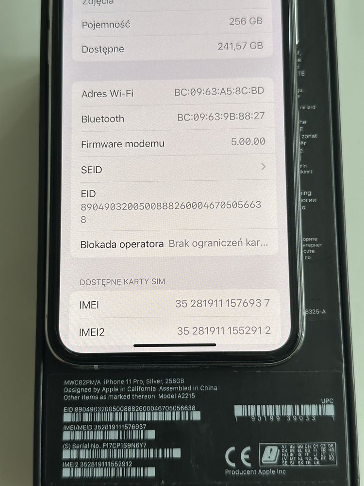 Iphone 11 Pro 256GB Silver idealny stan, bateria 86%, komplet