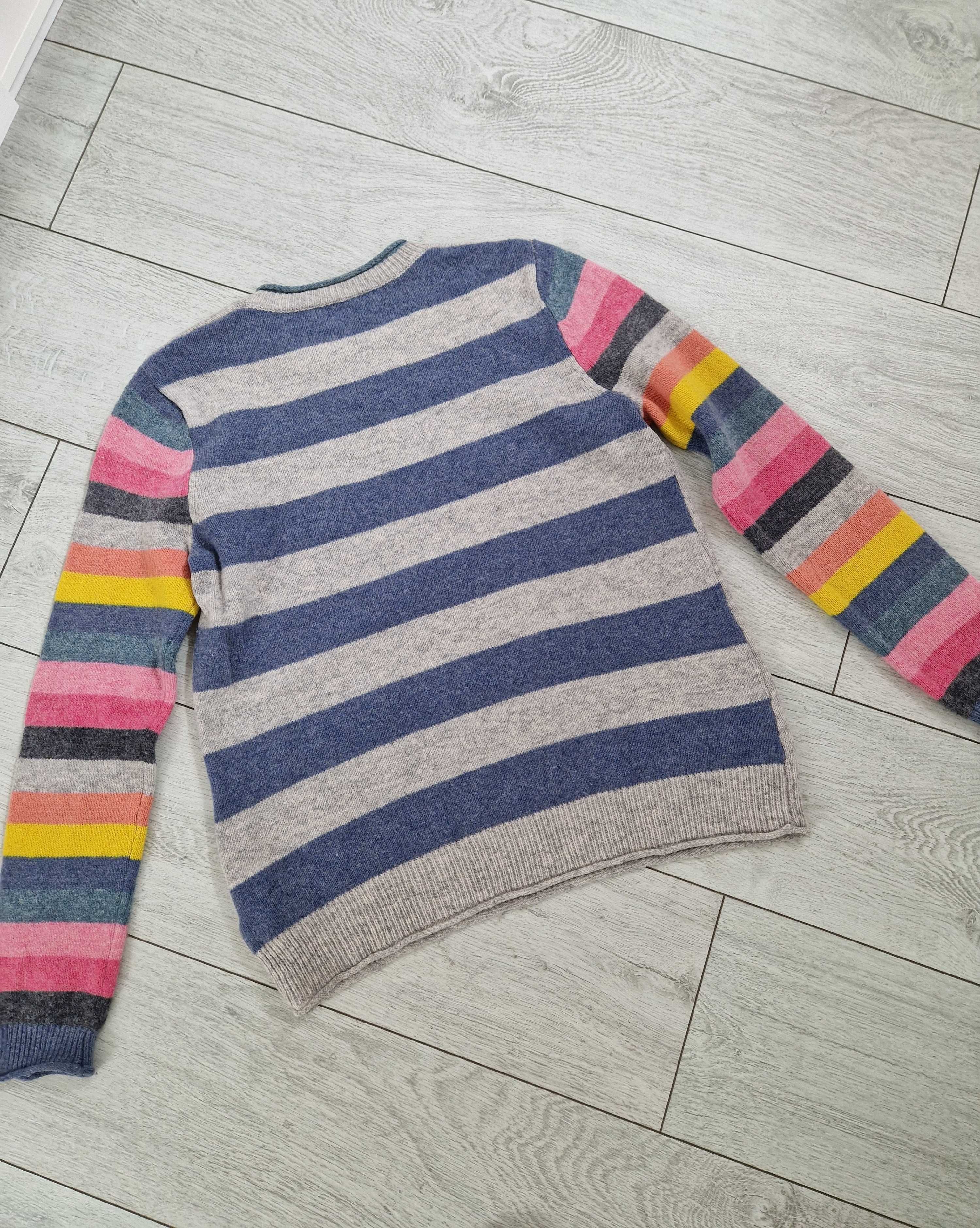 Szary wełniany sweter w kolorowe serca paski 80% lambswool 20% nylon M