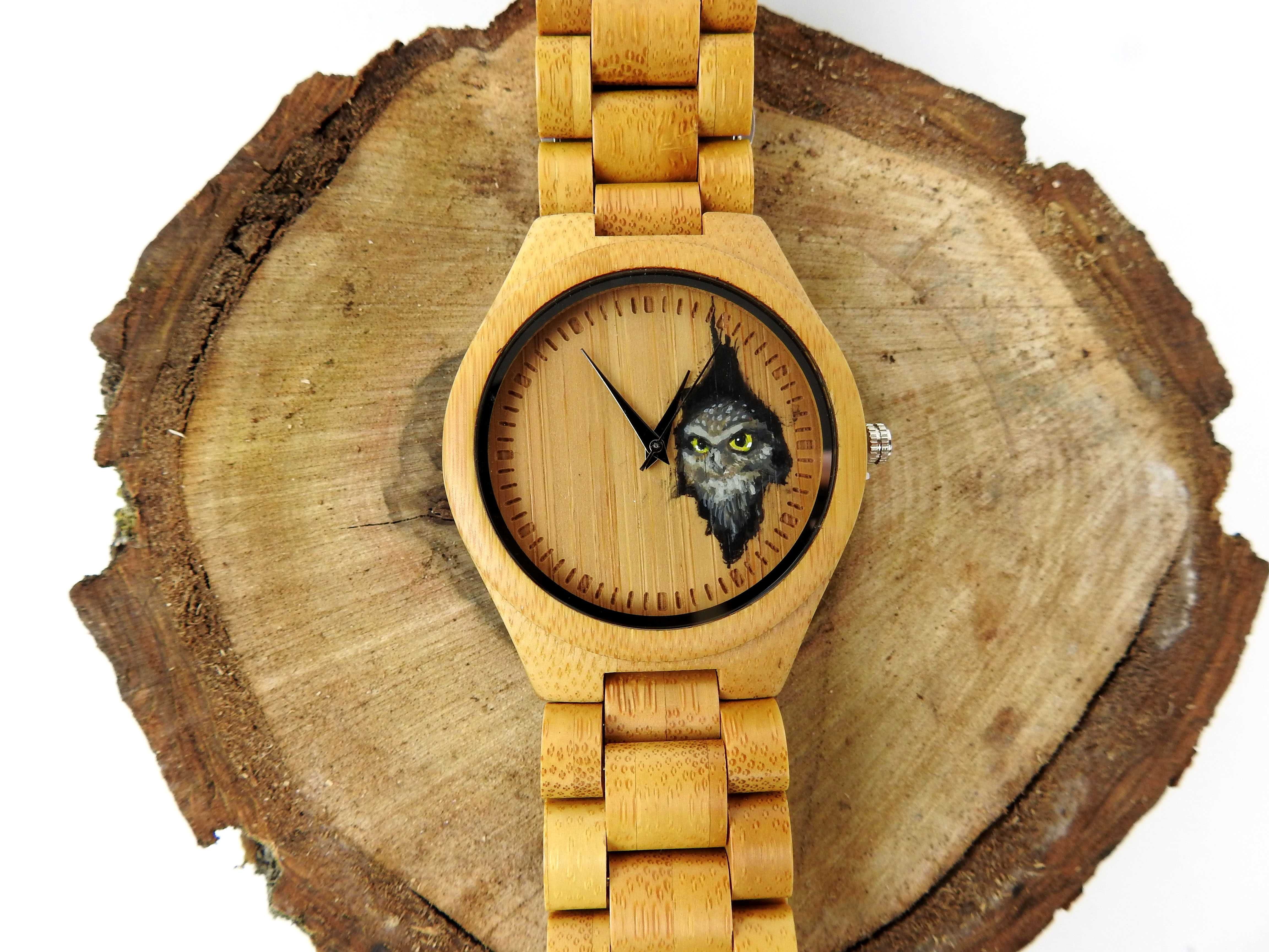 Drewniany zegarek na rękę, Tarcza ręcznie malowana, Upominek, Prezent