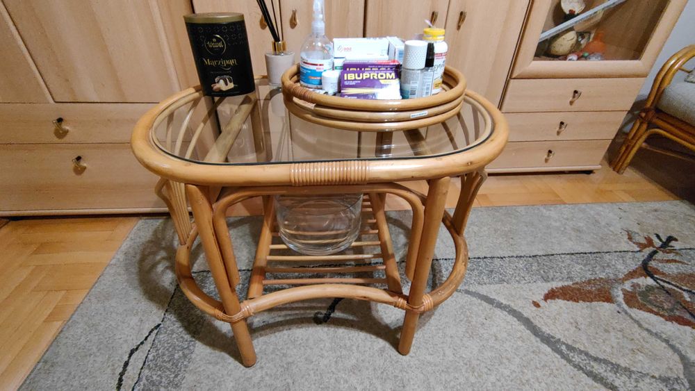 Meble rattanowe zestaw kanapa 3 osobowa, 2 fotele, ława kawowa, barek